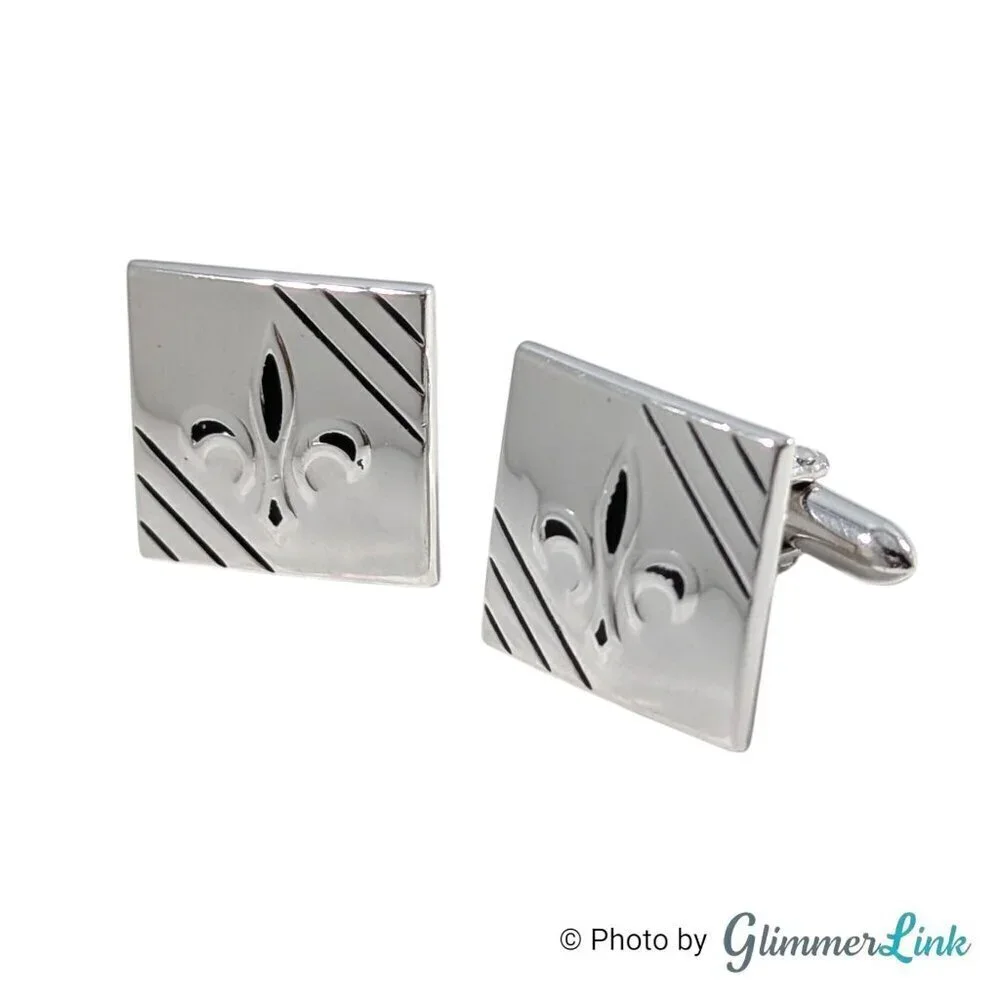 Vintage Swank Square Fleur de Lis Diagonal Stripes Silver Tone Cufflinks